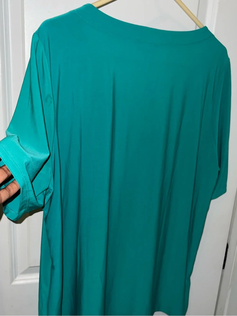 Nina Leonard Teal V-Neck Short Sleeve Top with Rhinestone Trim